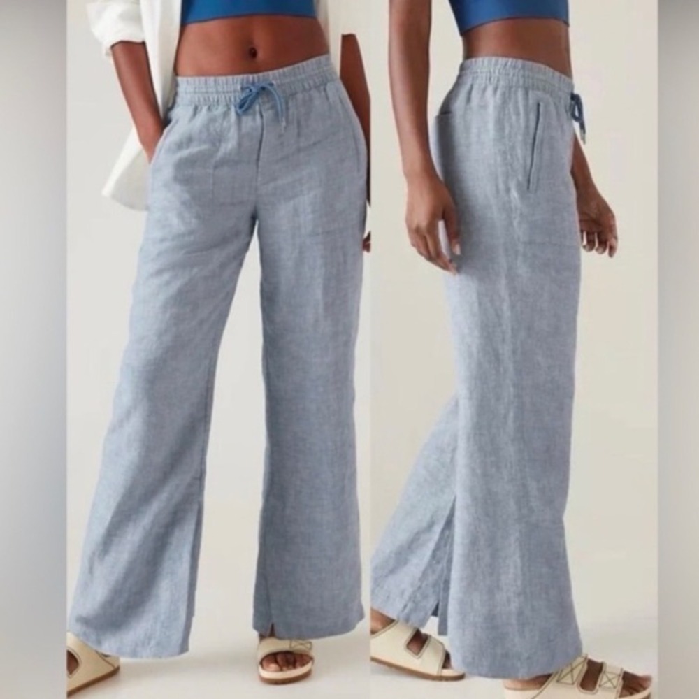 Athleta Retreat Linen Wide Leg Pull On Ankle Pant Blue S/851038-27 Size Small P